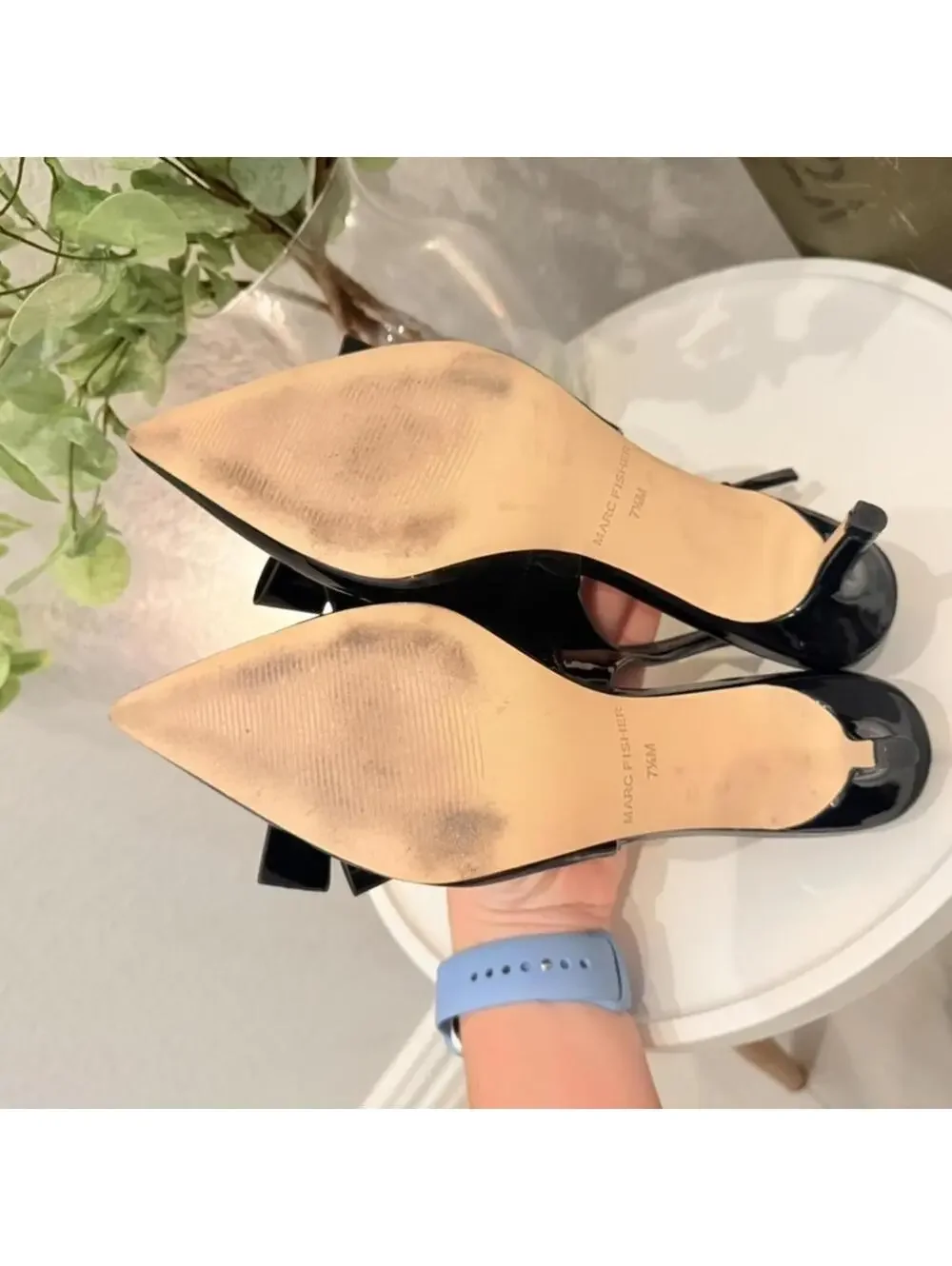 Marc Fisher Fallon Bow Patent Slingback Heel Pointed Toe Black Womens 7.5